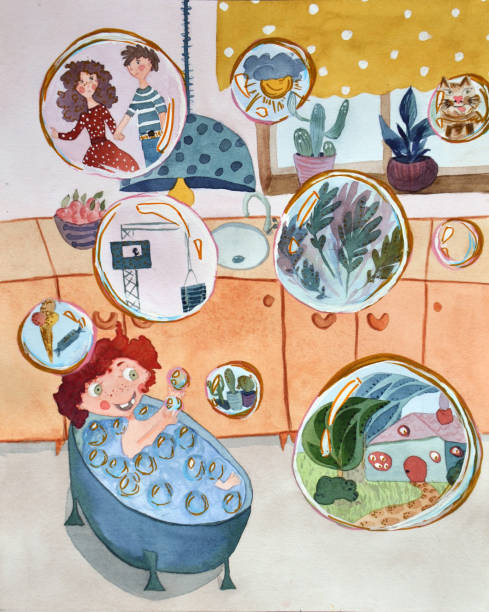 ilustrações, clipart, desenhos animados e ícones de desenho da ilustração da menina que tem um banho com espuma e que sonha sobre a vida adulta - cleaning vibrant color human hand people