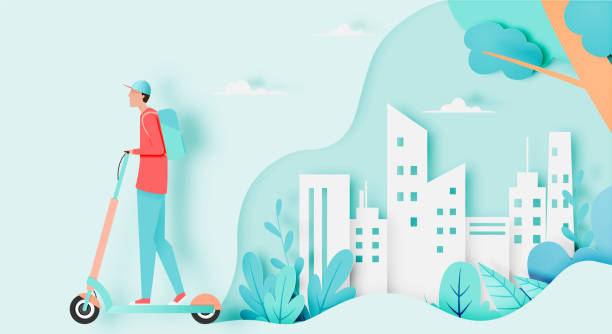 illustrazioni stock, clip art, cartoni animati e icone di tendenza di uomo su scooter elettrico - monopattino elettrico