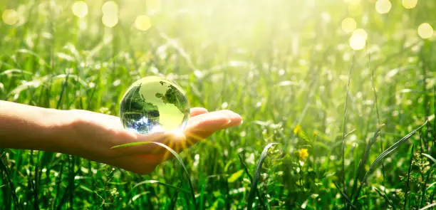 Photo of Earth crystal glass globe in human hand on fresh juicy grass background. Saving environment and clean green planet concept. Card for World Earth Day.