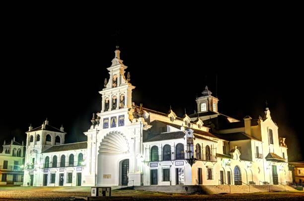 Night view of the Sanctuary of Our Lady of Rocio, Huelva stock photo