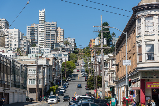San Francisco, California / USA - July 28th 2019: Scenic Lombard Street vista in San Francisco, California, on a clear sunny summer day