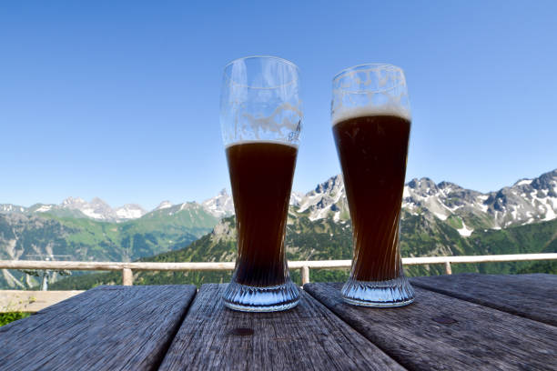 istock Two beer glasses with mountain background. 1166235485