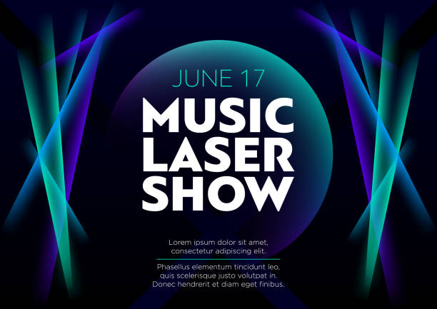 Horizontal music laser show poster with bright color graphic elements on dark background. - ilustração de arte vetorial