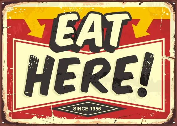 Vector illustration of Eat here vintage restaurant tin sign