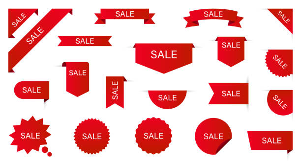 Sale Label collection set. Sale tags. Discount red ribbons, banners and icons. Shopping Tags. Sale icons. Red isolated on white background, vector illustration. vector art illustration