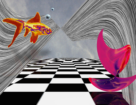 Surreal composition. Pink matter and golden fish on chessboard