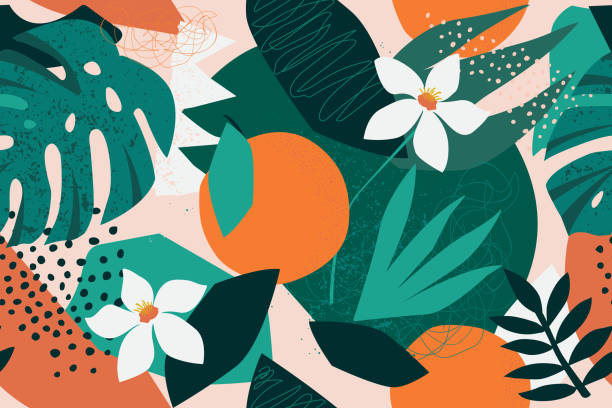 Collage contemporary floral seamless pattern. Modern exotic jungle fruits and plants illustration in vector. Collage contemporary floral seamless pattern. Modern exotic jungle fruits and plants illustration vector. orange flowers stock illustrations