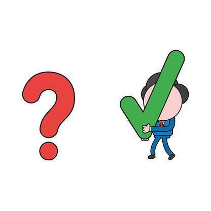 Vector illustration concept of businessman character carrying check mark to question mark. Color and black outlines.