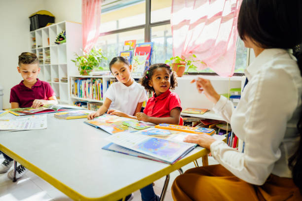 istock Female Hispanic teacher sitting with elementary students 1166252076