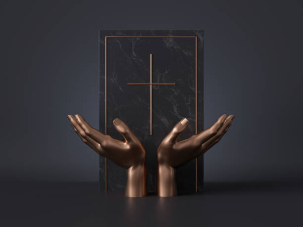 istock 3d render, golden mannequin hands isolated on black background, black marble board, gravestone, golden catholic cross, religious book, spiritual concept, luxury minimal mockup, simple clean design 1166252284
