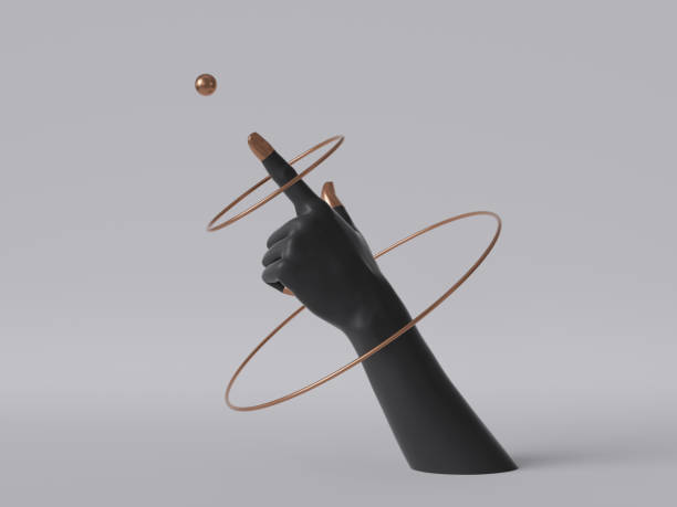istock 3d render, black decorative female mannequin hand isolated on white background, finger pointing up, spinning golden rings, body part, fashion concept, esoteric fortuneteller, clean minimal design 1166252432