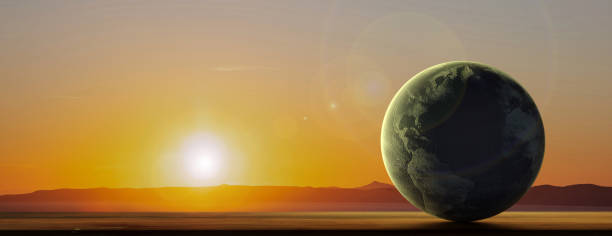 istock Earth planet at sunset landscape background, banner, copy space. 3d illustration 1166254489