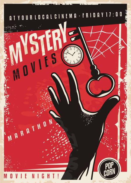 Mystery movies marathon retro cinema poster design Mystery movies marathon retro cinema poster design. Film poster template with hand silhouette, clock,  key and spider web. Vector layout. puzzle silhouettes stock illustrations