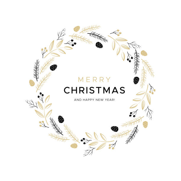 ilustrações, clipart, desenhos animados e ícones de grinalda do natal com filiais do preto e do ouro e cones do pinho - mistletoe christmas isolated holiday