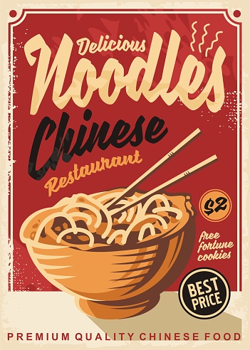 Noodles promo poster. Chinese restaurant ad menu design with delicious noodle meal. Vector food illustration on old retro paper background.