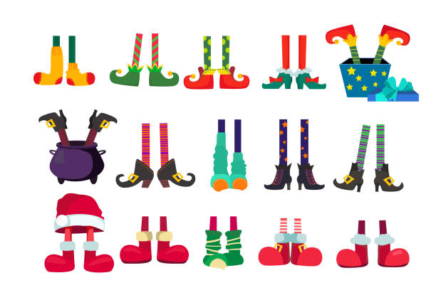 Santa Claus elf feet set Santa Claus elf feet set. Christmas characters, legs, shoes. Christmas concept. Vector illustrations can be used for topics like Xmas, giving gifts, December holiday, greeting cards shoe design template stock illustrations