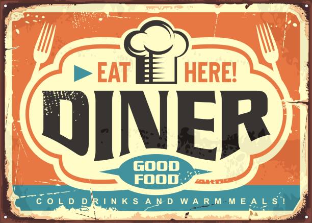 Retro diner restaurant tin sign design Retro diner restaurant tin sign design with chef hat, forks and creative lettering. Good food, cold drinks and warm meal vintage vector poster template. lunch borders stock illustrations