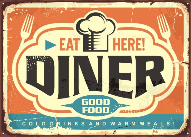 Retro diner restaurant tin sign design Retro diner restaurant tin sign design with chef hat, forks and creative lettering. Good food, cold drinks and warm meal vintage vector poster template. 1950s diner stock illustrations