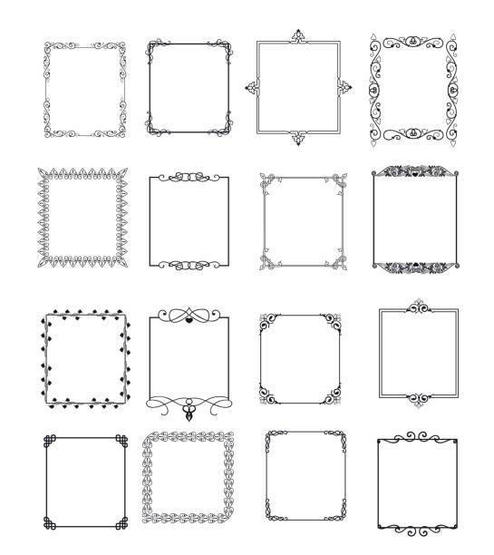Vintage rectangular frame set Vintage rectangular frame set. Elegant ornament, ornate border, Victorian style. Decoration concept. Cartoon vector illustrations can be used for vintage accessory, antique artwork, certificate rococo pattern cartoons stock illustrations