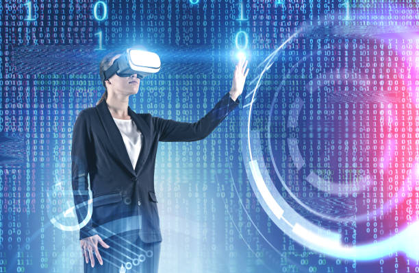 istock Woman in VR glasses working with hud interface 1166255490
