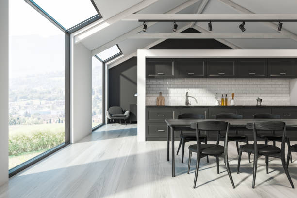 istock Black Scandinavian kitchen, table and armchair 1166255667