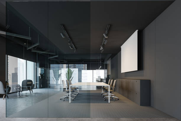 istock Gray and glass meeting room with screen 1166255838