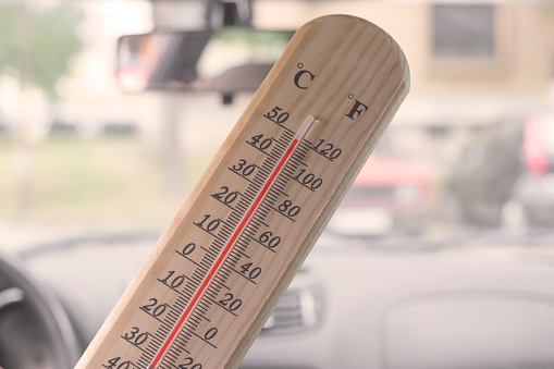 Thermometer with close to one hundred and twenty degree Fahrenheit or fifty degree Celsius temperature inside of closed parked car on very hot summer day