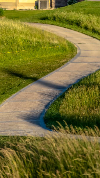 istock Vertical frame Pathway that winds through a grassy terrain with houses in the background 1166256675