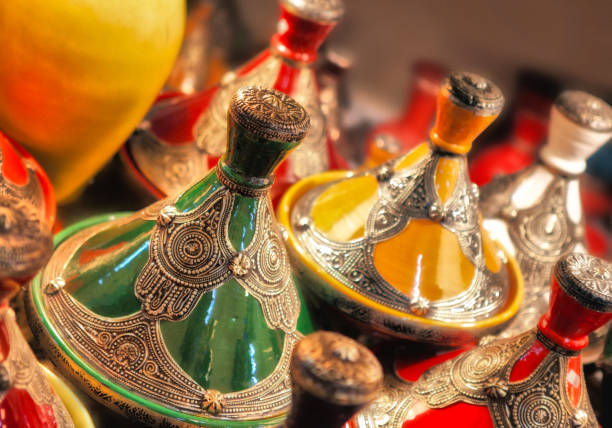 colorful moroccan famous cooking pots the tajine - morocco marrakech moroccan culture casablanca imagens e fotografias de stock