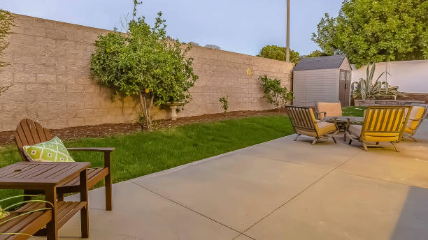 istock Panorama frame Spacious patio at the backyard of a home with a seating and dining area 1166257256