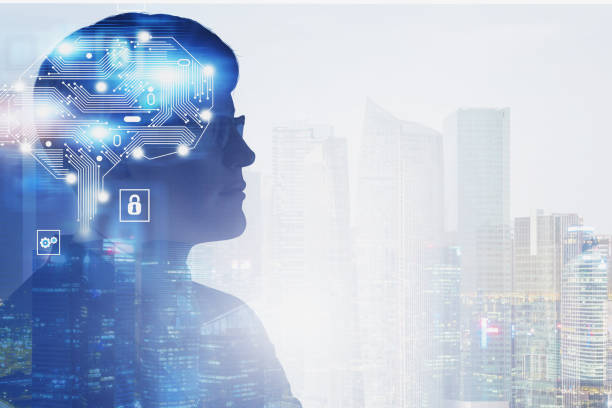 istock Businessman with AI brain in city 1166257299