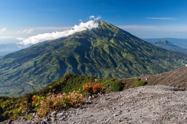 grüner mt. merbabu. blick vom vulkan merapi. - mt merapi stock-fotos und bilder