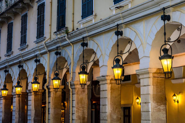 Main street in Corfu town. Famous Liston plaza by Spianada square in Old Town of Corfu