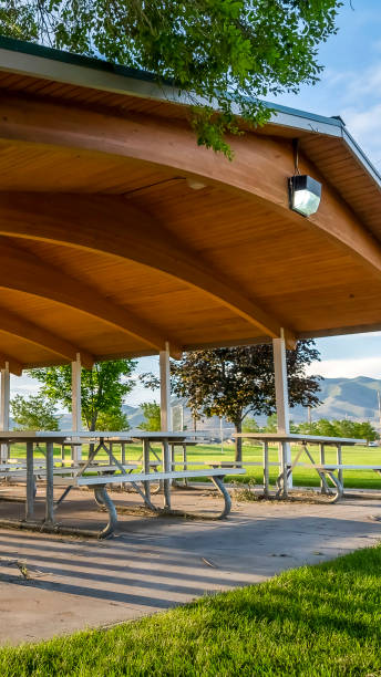 istock Vertical Picnic tables and benches under a pavilion on a scenic park on a sunny day 1166257989