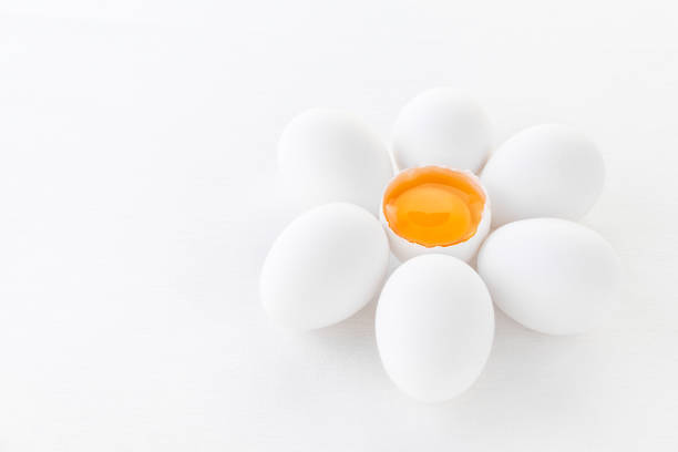 istock fresh white eggs with yolk on white background, closeup 1166259551