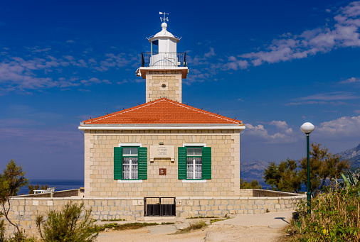 Makarska town, Dalmatia region, Croatia - September 14, 2018: Sightseeing of Makarska. St. Peter's Lighthouse