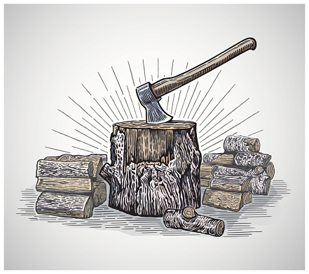 Ax in a wooden stump surrounded by chopped logs, illustration in a graphic style and painted in color