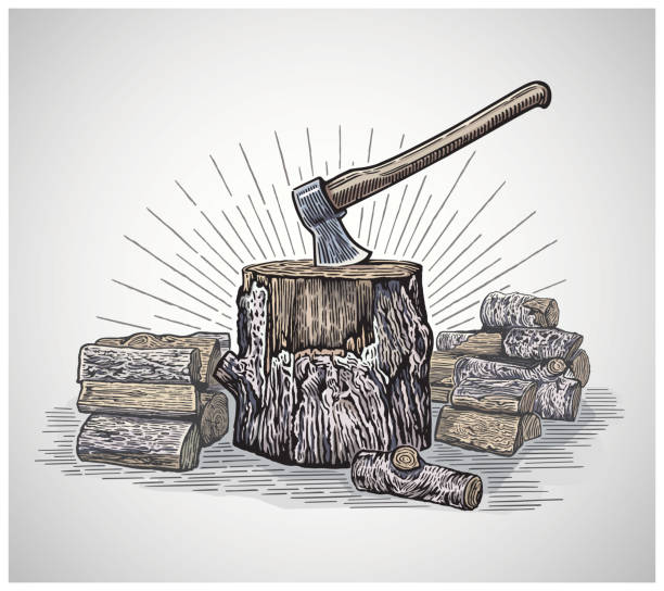 Ax in a wooden stump. Ax in a wooden stump surrounded by chopped logs, illustration in a graphic style and painted in color chopping food stock illustrations