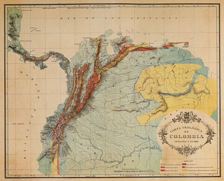 Vintage Map of the Andes Mountains in Ecuador, Venezuela and Columbia. Vintage etching circa late 19th century.