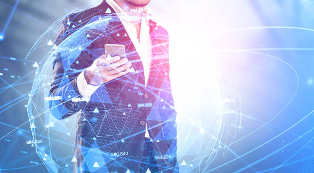 istock Man with phone in city, digital network 1166262950