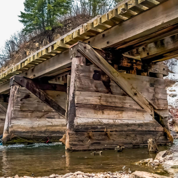 istock Square Rustic wooden bridge over a rocky stream with shiny water 1166263020