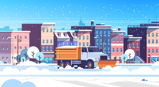 snow plow truck cleaning urban snowy road winter street snow removal concept modern city buildings cityscape background flat horizontal snow plow truck cleaning urban snowy road winter street snow removal concept modern city buildings cityscape background flat horizontal vector illustration snow storm city stock illustrations