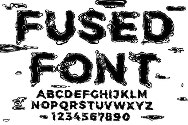 Vector font black liquid melt letters with glitch Vector font. Black liquid melted letters with glitch and distortion effects. distorted font stock illustrations