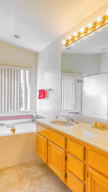 istock Vertical frame Shower stall built in bathtub and vanity with double sink inside a bathroom 1166263923
