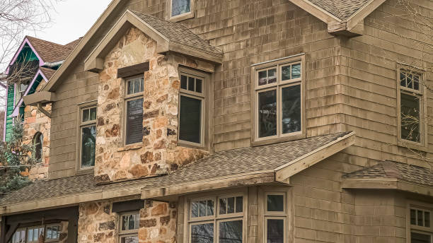 istock Panorama frame Home exterior with gray wall siding and stone wall accent against cloudy sky 1166266078