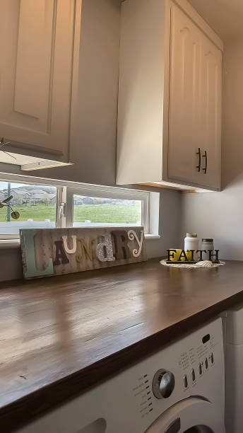 istock Vertical frame Washing machine and dryer inside the laundry room of a home 1166267094