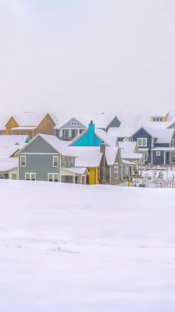 istock Vertical frame Winter landscape with colorful houses against a cloudy sky background 1166267421