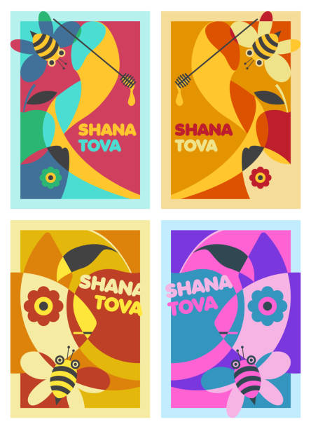 shana tova-rosh hashana için dört poster tasarımı bir dizi - şofar illüstrasyonlar stock illustrations