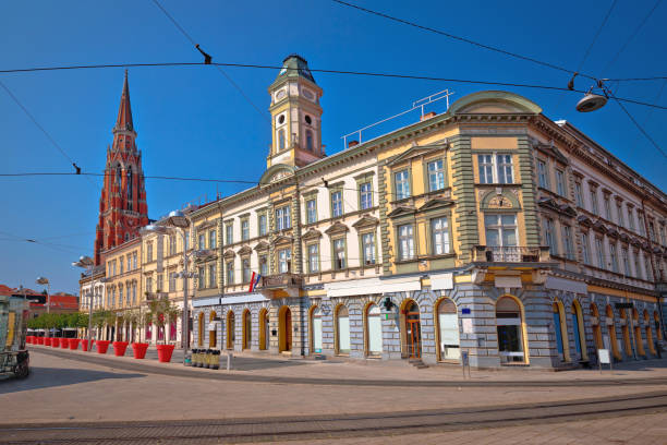 Osijek main square and cathedral street view, Slavonija region of Croatia