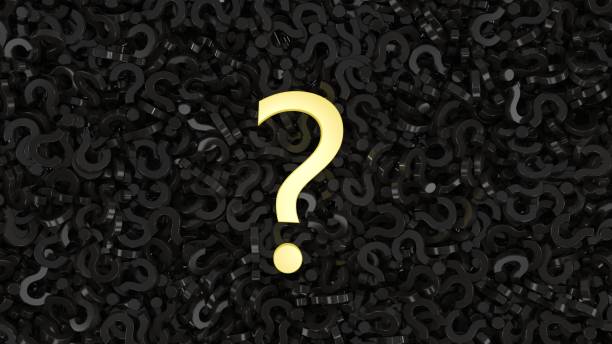 istock 3d illustration: a luminous yellow question mark lies on black glossy questions with a reflective surface.  Abstract background.  Business concept problem and solution. 1166269504